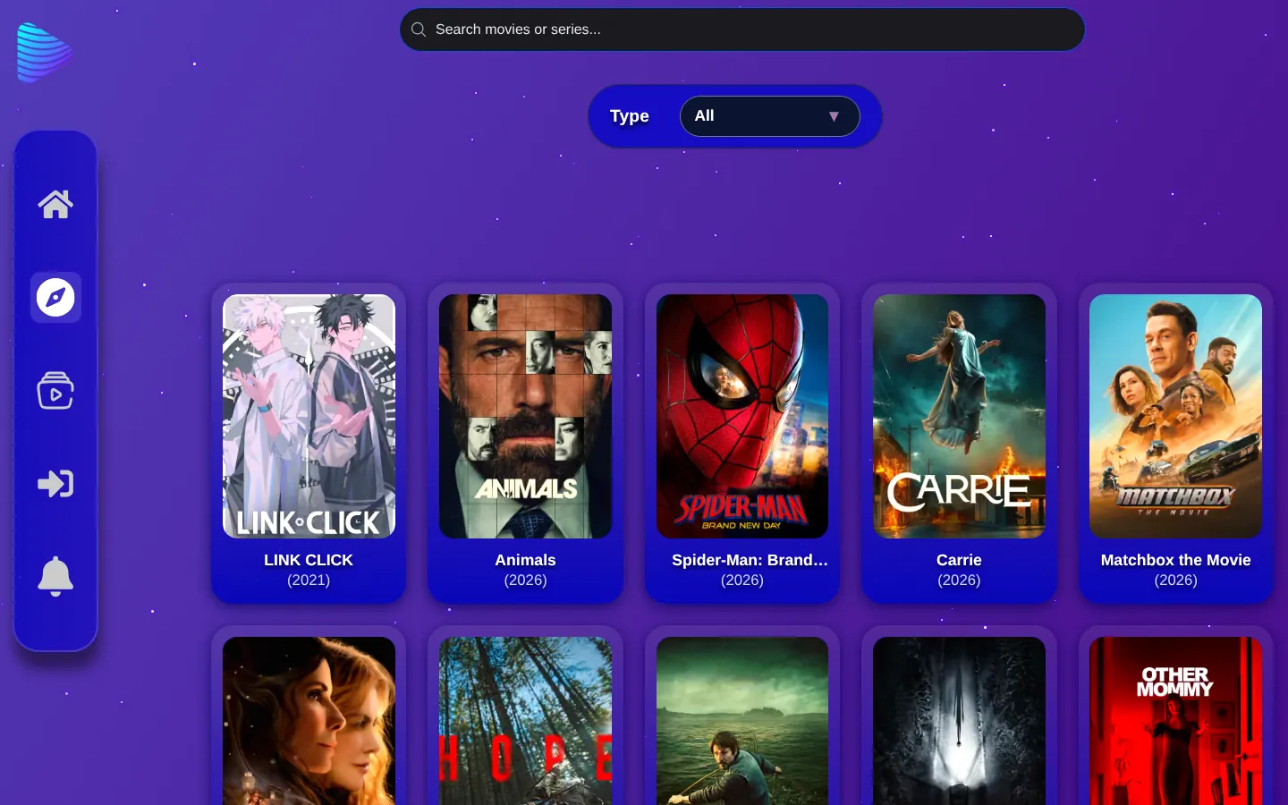 Pàgina Discover de Peer2Stream, amb cartells de pel·lícules i sèries