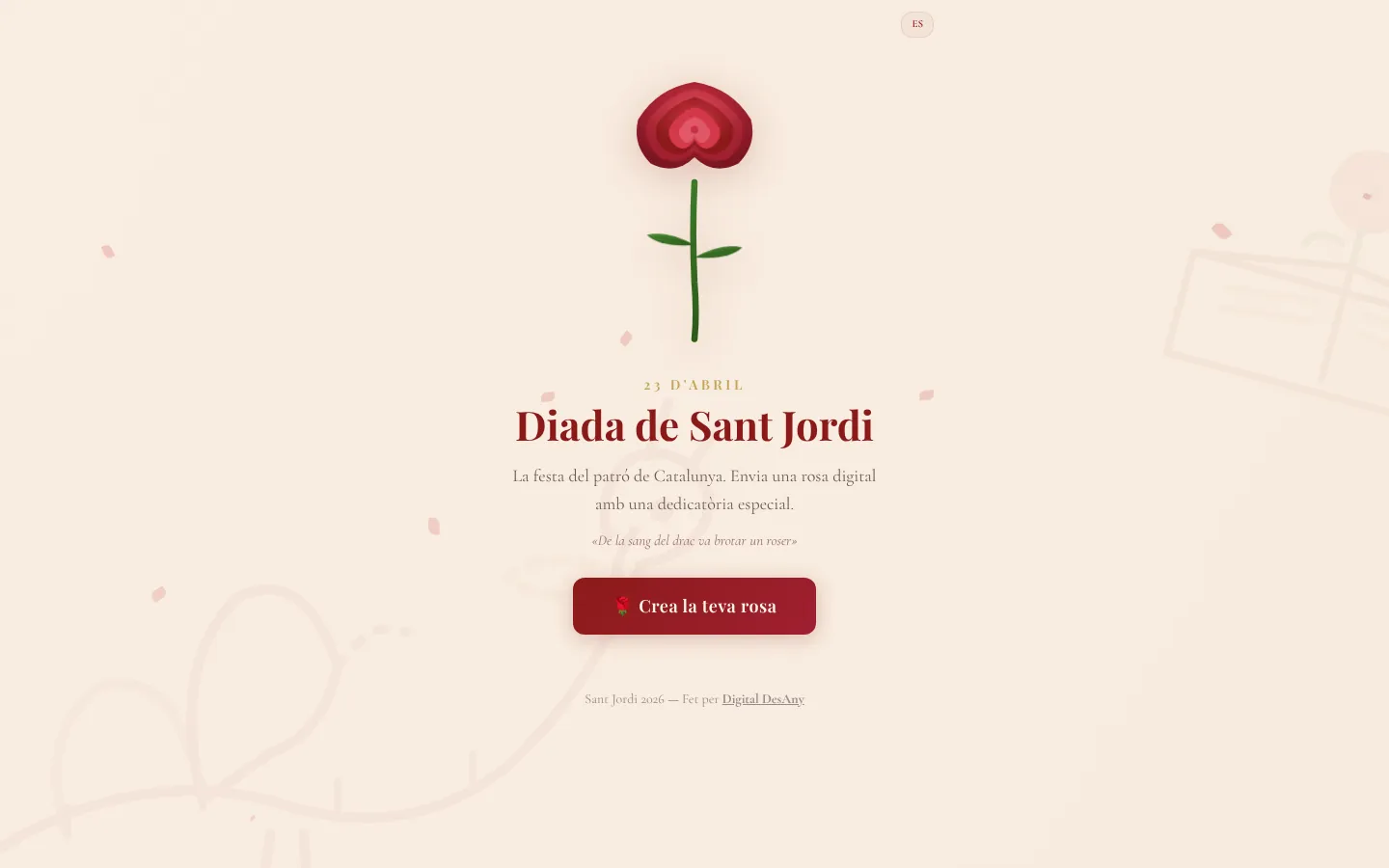 Home page of rosesstjordi.com, with the Sant Jordi digital rose